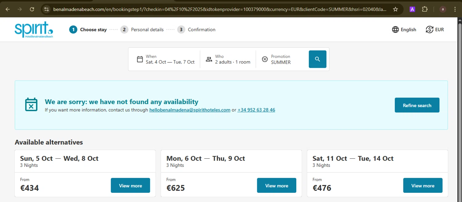 Spirit Hotel Benalmadena Beach promo code screenshot showing code SUMMER applied at Spirit Hotel Benalmadena Beach checkout page. Uploaded by SimplyCodes community member GoldCurator1773 on Oct 2, 2025