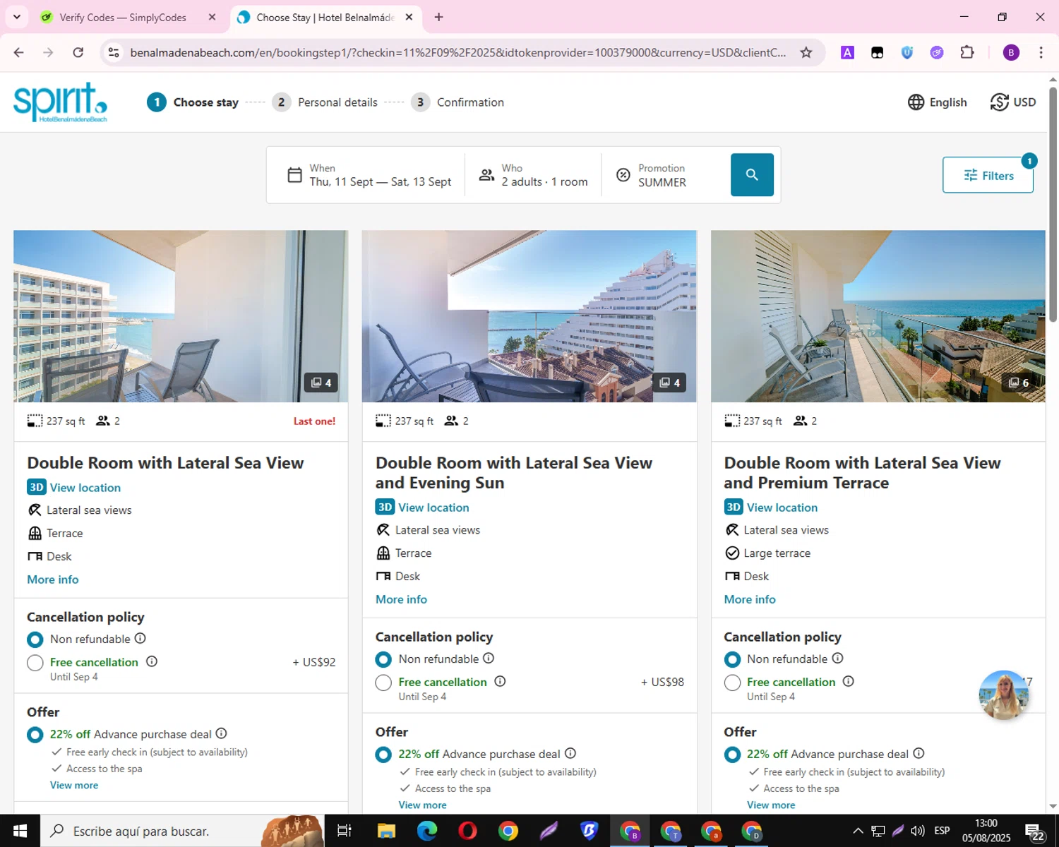 Spirit Hotel Benalmadena Beach promo code screenshot showing code SUMMER applied at Spirit Hotel Benalmadena Beach checkout page. Uploaded by SimplyCodes community member RebateAdmiral6687 on Aug 5, 2025