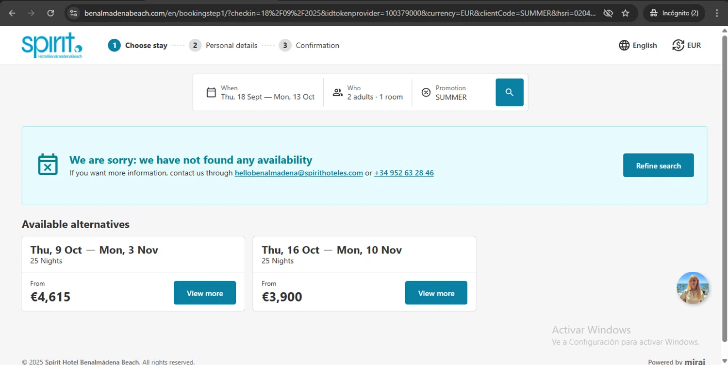 Spirit Hotel Benalmadena Beach promo code screenshot showing code SUMMER applied at Spirit Hotel Benalmadena Beach checkout page. Uploaded by SimplyCodes community member UchihaMadara on Sep 3, 2025