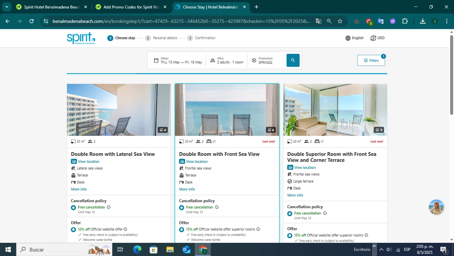 Spirit Hotel Benalmadena Beach promo code screenshot showing code SPRING2 applied at Spirit Hotel Benalmadena Beach checkout page. Uploaded by SimplyCodes community member jorvitjose on May 8, 2025