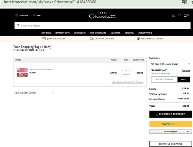 Hotel Chocolat checkout page showing Hotel Chocolat discount code box | Screenshot taken by SimplyCodes community member on Jun 30, 2025
