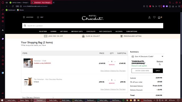 Hotel Chocolat checkout page showing Hotel Chocolat discount code box | Screenshot taken by SimplyCodes community member on Aug 18, 2025