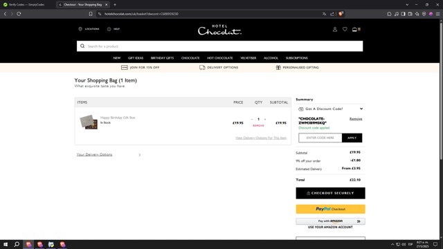 Hotel Chocolat checkout page showing Hotel Chocolat discount code box | Screenshot taken by SimplyCodes community member on May 27, 2025