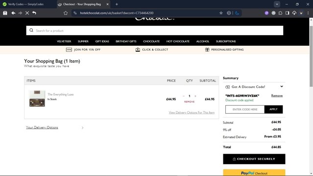 Hotel Chocolat checkout page showing Hotel Chocolat discount code box | Screenshot taken by SimplyCodes community member on Aug 30, 2025