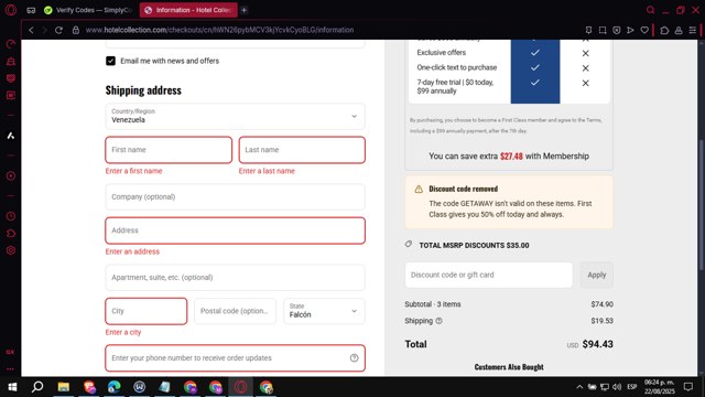 Hotel Collection checkout page showing Hotel Collection discount code box | Screenshot taken by SimplyCodes community member on Aug 22, 2025