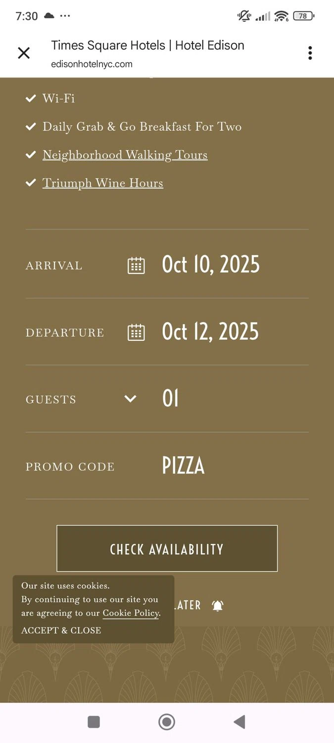 Hotel Edison promo code screenshot showing code PIZZA applied at Hotel Edison checkout page. Uploaded by SimplyCodes community member ShieldWhiz4659 on Oct 9, 2025