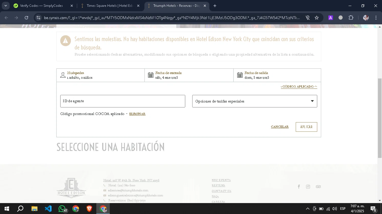 Hotel Edison promo code screenshot showing code COCOA applied at Hotel Edison checkout page. Uploaded by SimplyCodes community member Pansito on Jan 4, 2025