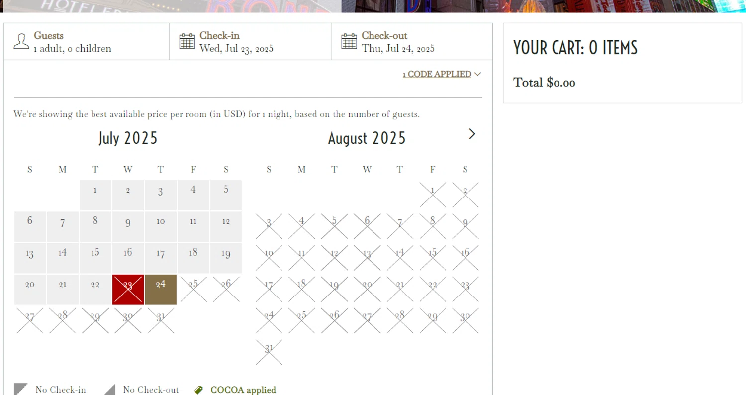 Hotel Edison promo code screenshot showing code COCOA applied at Hotel Edison checkout page. Uploaded by SimplyCodes community member Yuskecoder426913 on Jul 24, 2025