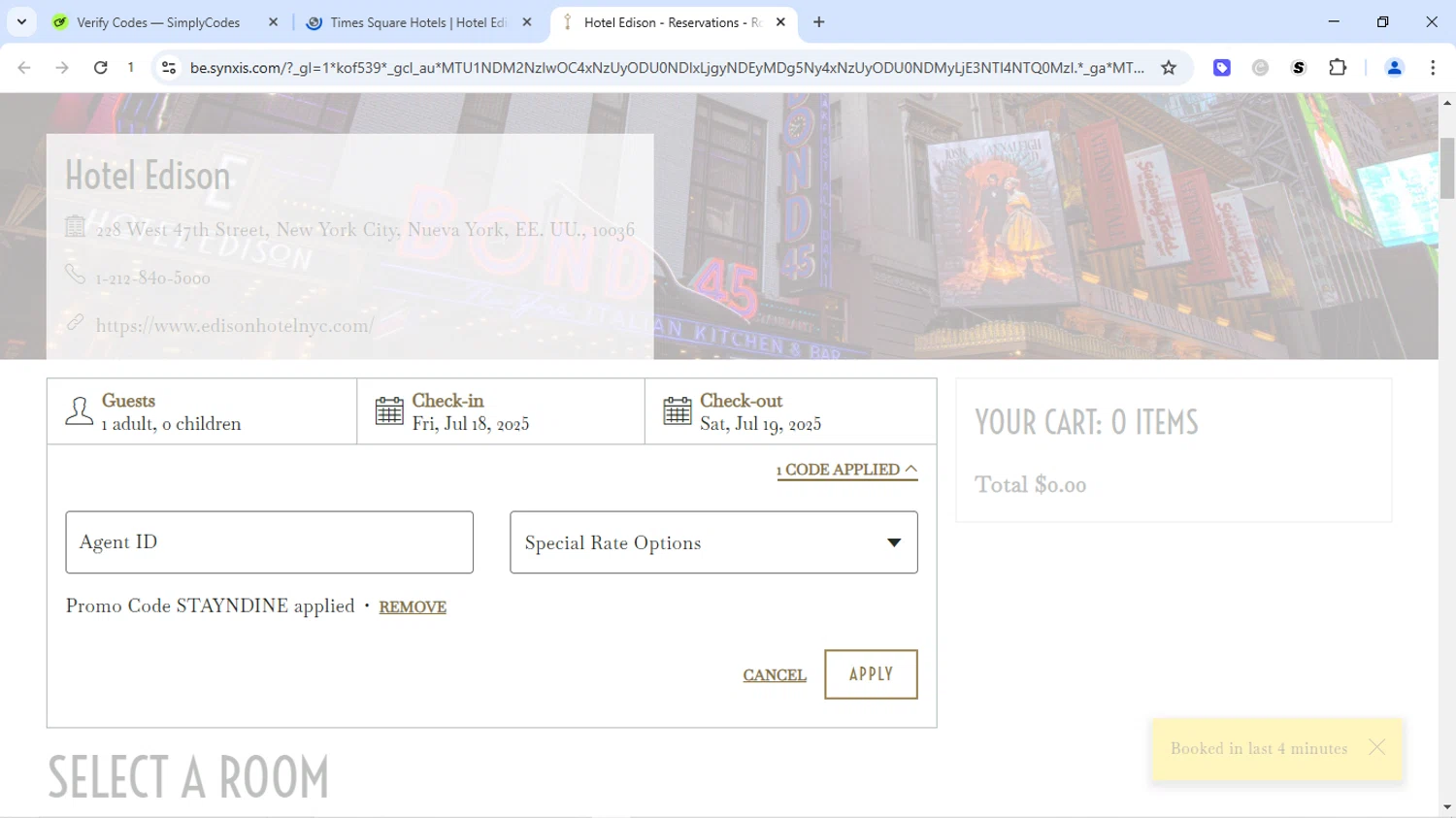 Hotel Edison promo code screenshot showing code STAYNDINE applied at Hotel Edison checkout page. Uploaded by SimplyCodes community member Dizlike on Jul 18, 2025