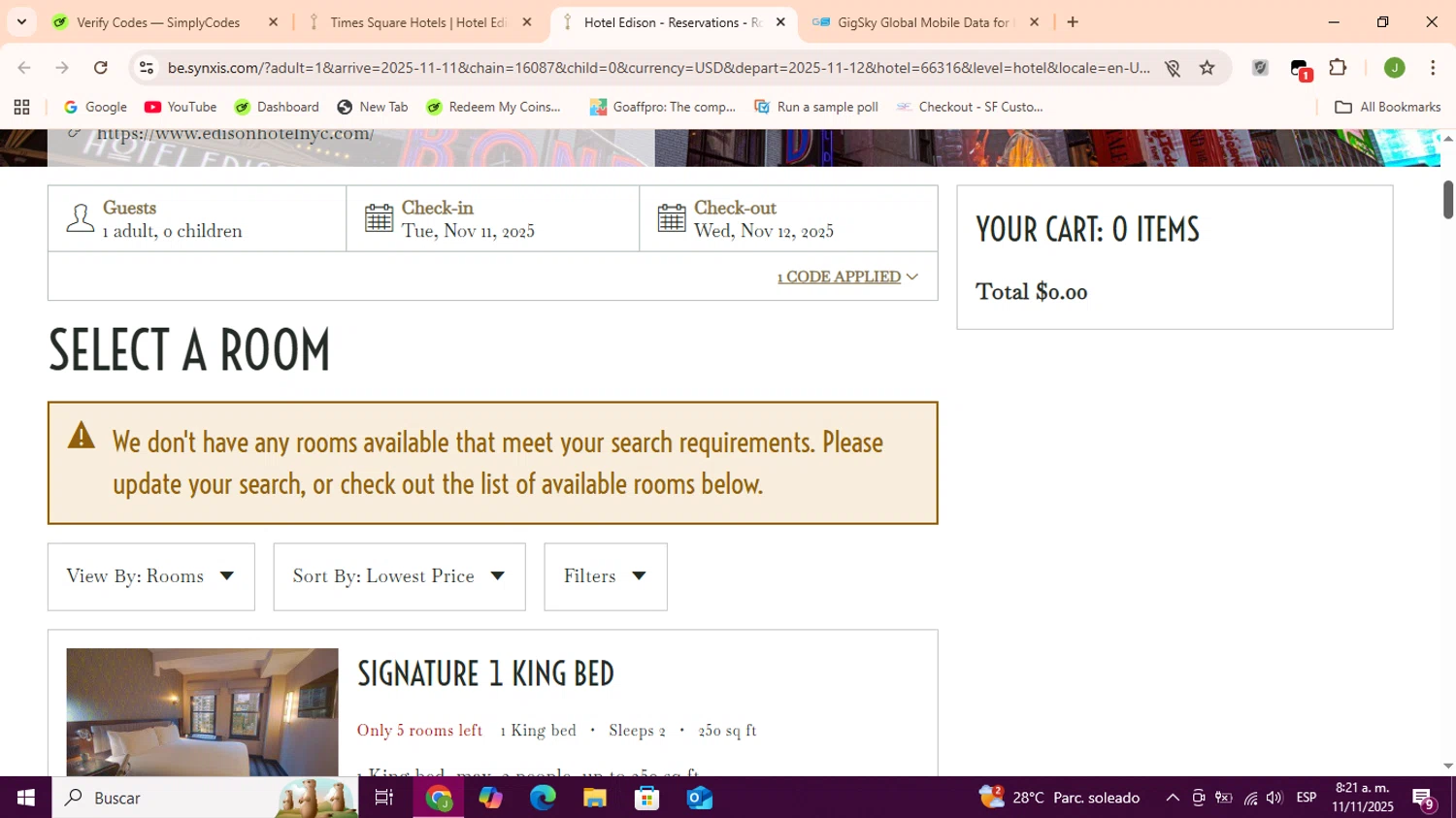 Hotel Edison promo code screenshot showing code STAYNDINE applied at Hotel Edison checkout page. Uploaded by SimplyCodes community member Sukuna_ on Nov 11, 2025