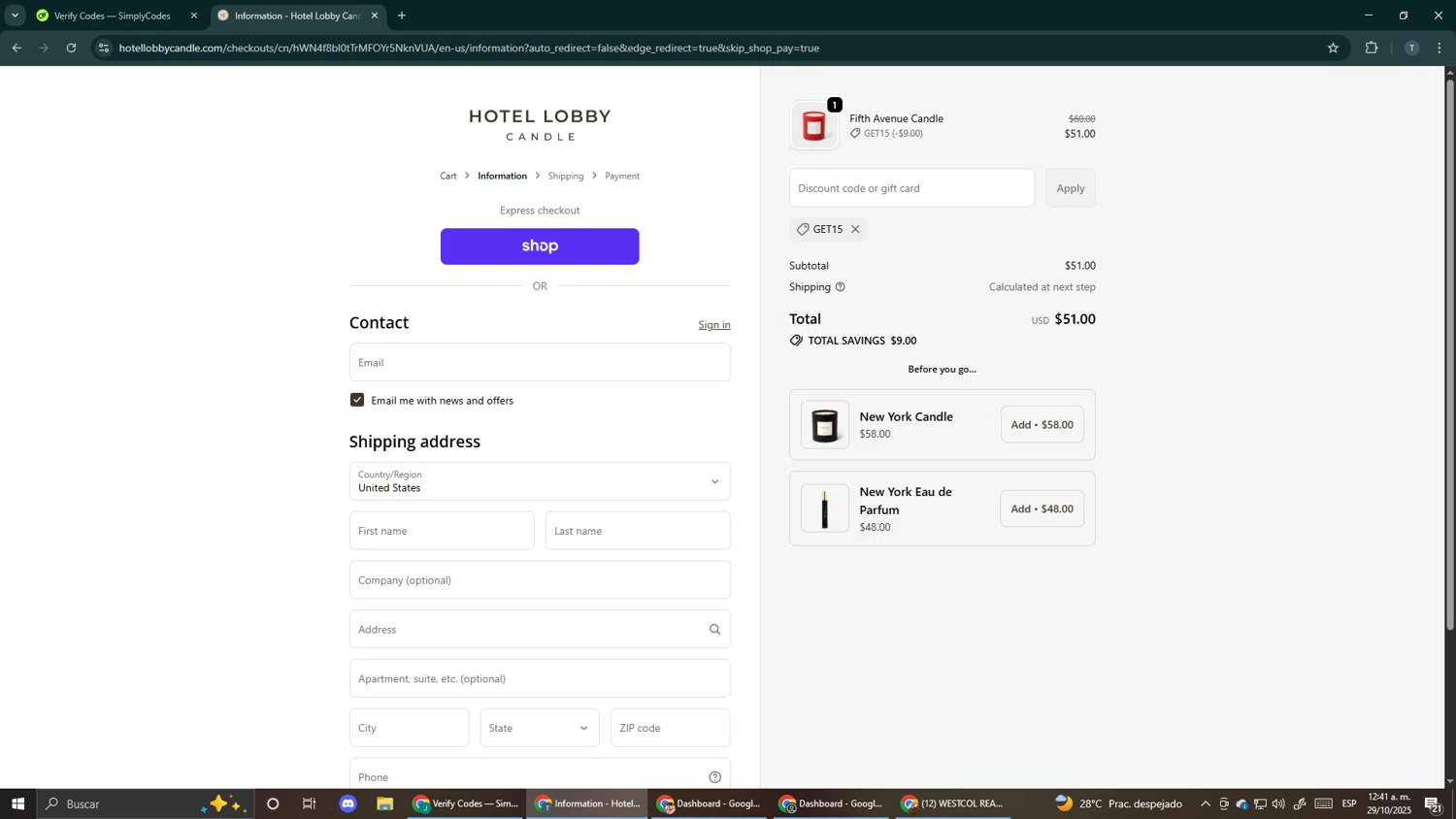 Hotel Lobby Candle discount code screenshot showing code GET15 applied at Hotel Lobby Candle checkout page. Uploaded by SimplyCodes community member Makemusic on Oct 29, 2025