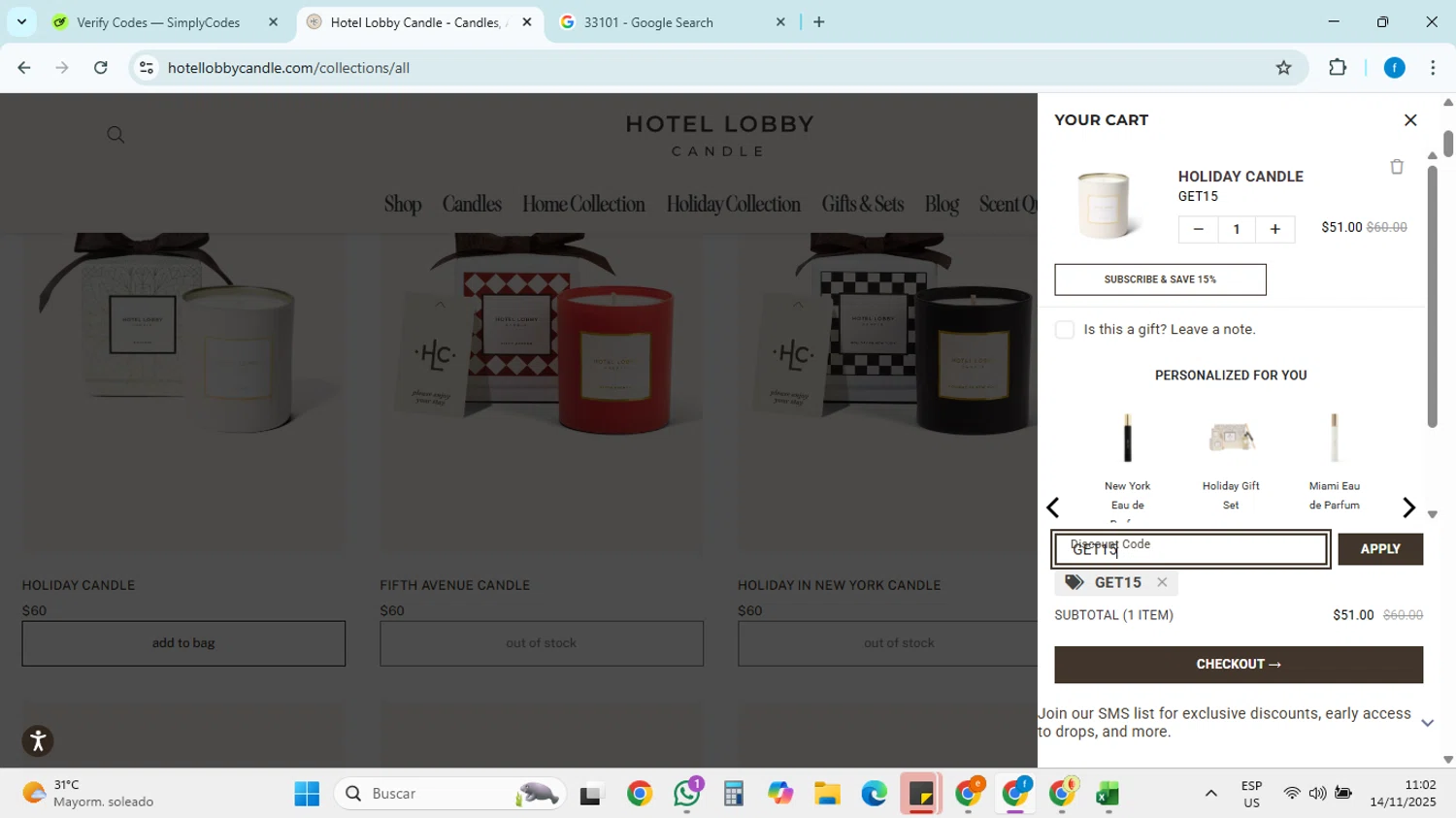 Hotel Lobby Candle discount code screenshot showing code GET15 applied at Hotel Lobby Candle checkout page. Uploaded by SimplyCodes community member FRANCYCASERES12 on Nov 14, 2025