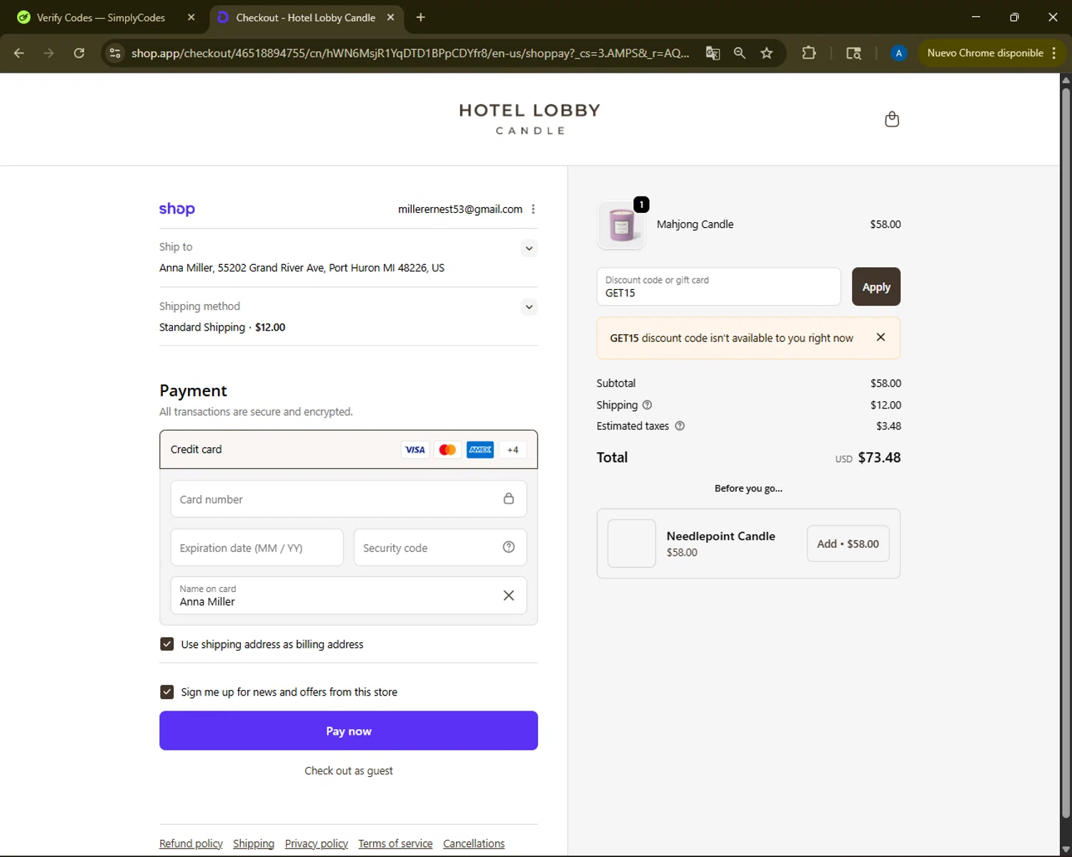 Hotel Lobby Candle discount code screenshot showing code GET15 applied at Hotel Lobby Candle checkout page. Uploaded by SimplyCodes community member ShrewdMaestro6940 on Dec 13, 2025