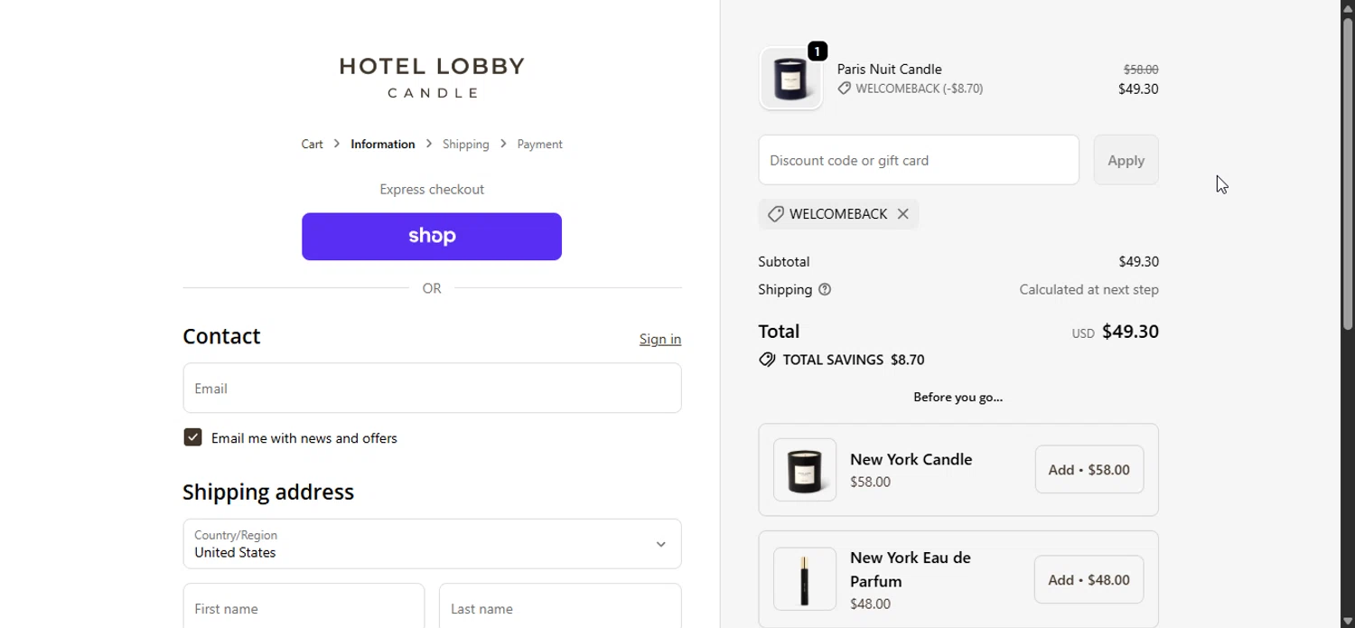 Hotel Lobby Candle discount code screenshot showing code WELCOMEBACK applied at Hotel Lobby Candle checkout page. Uploaded by SimplyCodes community member LuckyPioneer1027 on Oct 15, 2025