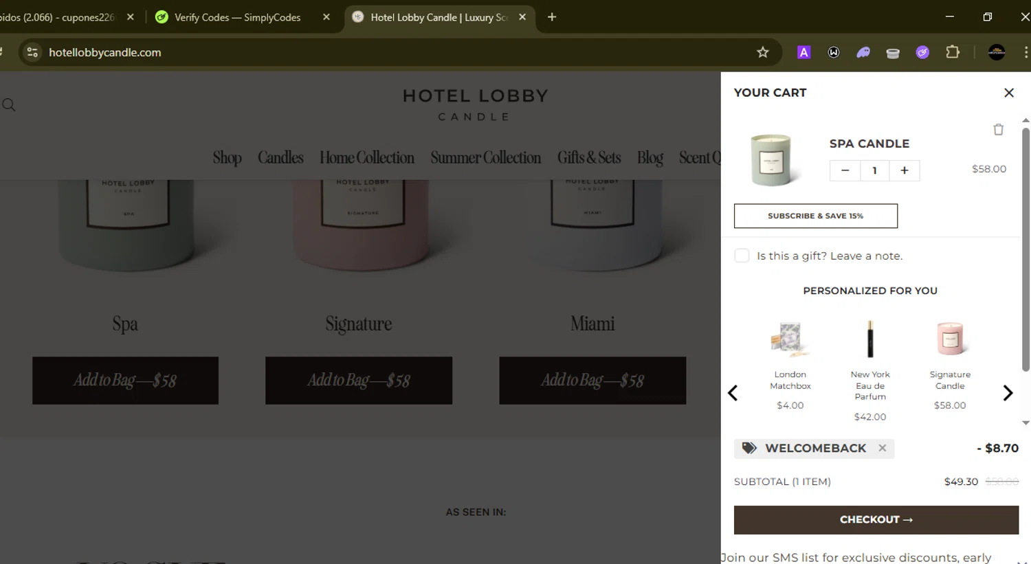 Hotel Lobby Candle discount code screenshot showing code WELCOMEBACK applied at Hotel Lobby Candle checkout page. Uploaded by SimplyCodes community member SilverMonarch6357 on Aug 13, 2025