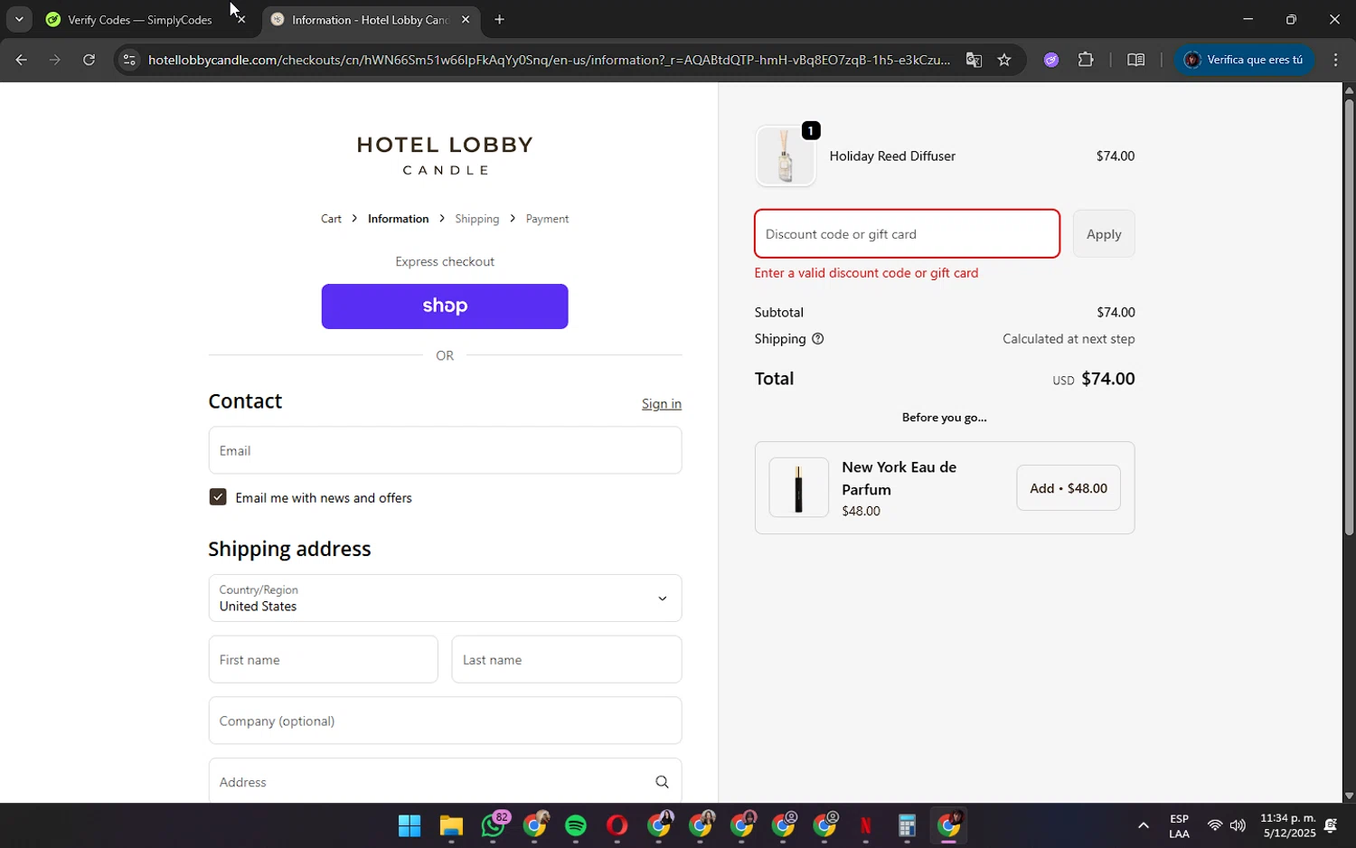 Hotel Lobby Candle discount code screenshot showing code Staycozy applied at Hotel Lobby Candle checkout page. Uploaded by SimplyCodes community member AshlyMichell on Dec 6, 2025