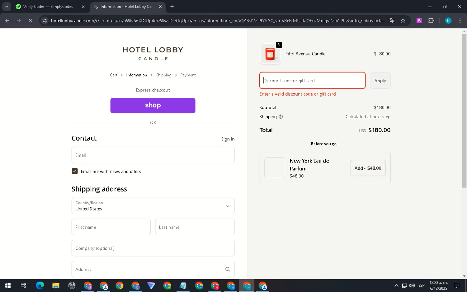Hotel Lobby Candle discount code screenshot showing code Staycozy applied at Hotel Lobby Candle checkout page. Uploaded by SimplyCodes community member DiscountGenius5394 on Dec 6, 2025