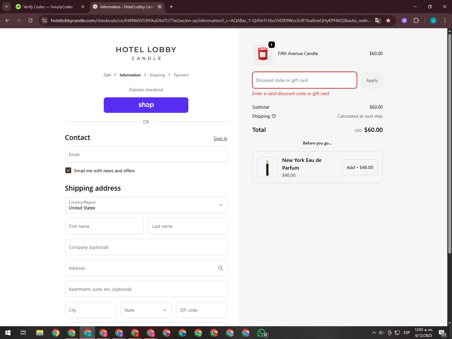Hotel Lobby Candle discount code screenshot showing code Staycozy applied at Hotel Lobby Candle checkout page. Uploaded by SimplyCodes community member GloriousTiger3507 on Dec 6, 2025