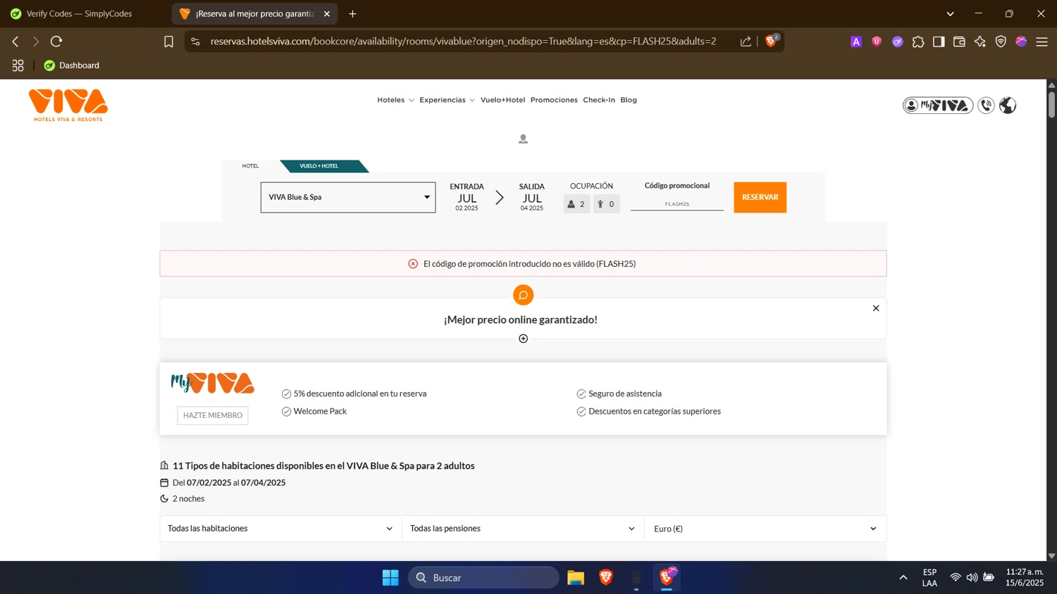 Hotels Viva discount code screenshot showing code FLASH25 applied at Hotels Viva checkout page. Uploaded by SimplyCodes community member PrimeWhiz4850 on Jun 15, 2025