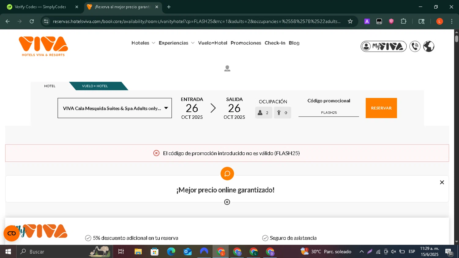 Hotels Viva discount code screenshot showing code FLASH25 applied at Hotels Viva checkout page. Uploaded by SimplyCodes community member SilverCaptain7216 on Jun 15, 2025
