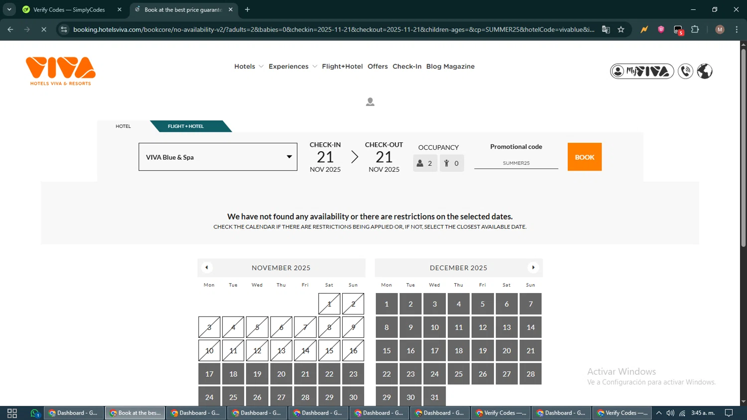 Hotels Viva discount code screenshot showing code SUMMER25 applied at Hotels Viva checkout page. Uploaded by SimplyCodes community member DiscountTitan4635 on Nov 17, 2025