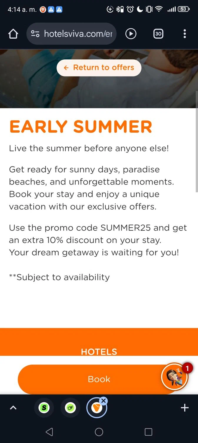 Hotels Viva discount code screenshot showing code SUMMER25 applied at Hotels Viva checkout page. Uploaded by SimplyCodes community member George09 on Nov 17, 2025