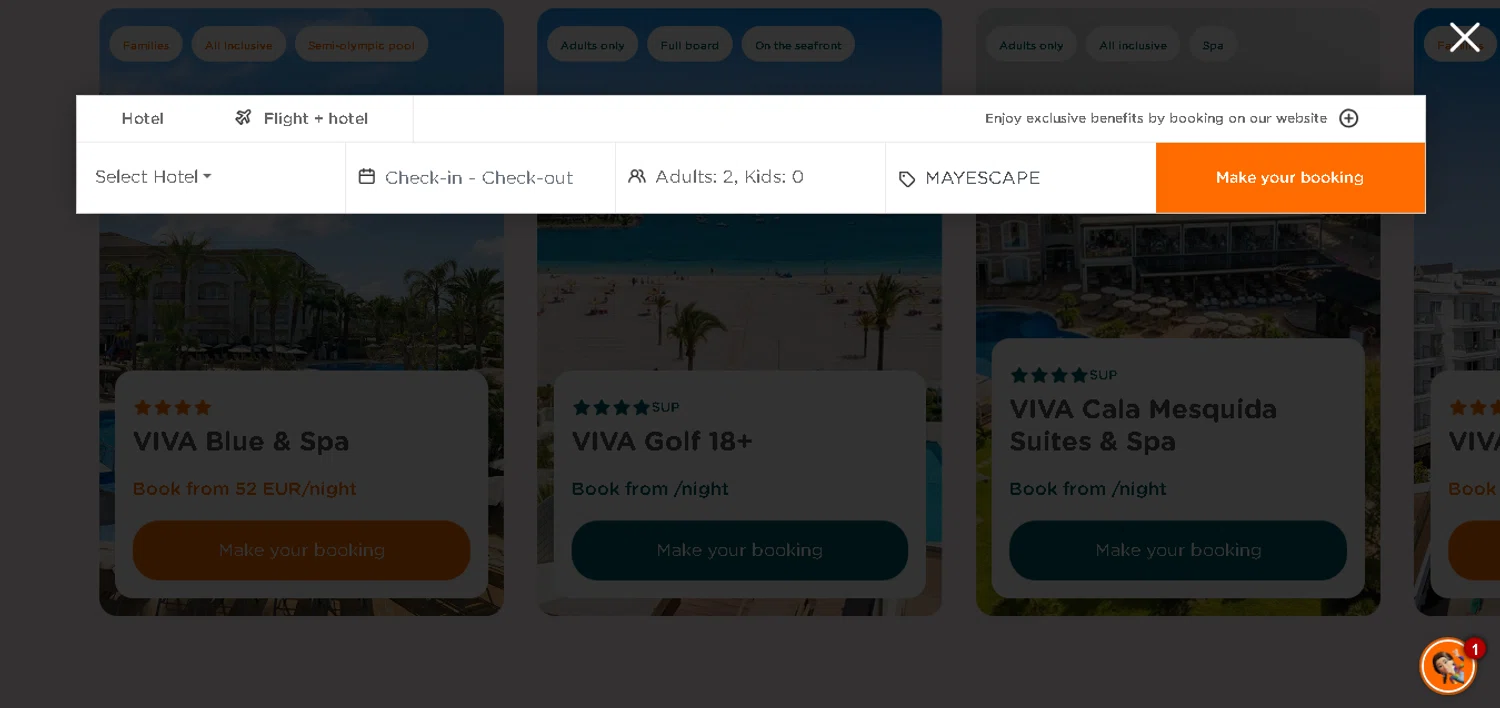 Hotels Viva discount code screenshot showing code MAYESCAPE applied at Hotels Viva checkout page. Uploaded by SimplyCodes community member CashAce9852 on Jun 28, 2025