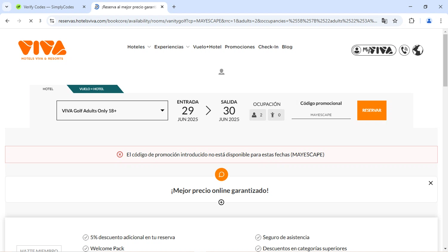 Hotels Viva discount code screenshot showing code MAYESCAPE applied at Hotels Viva checkout page. Uploaded by SimplyCodes community member JoseVentura on Jun 28, 2025