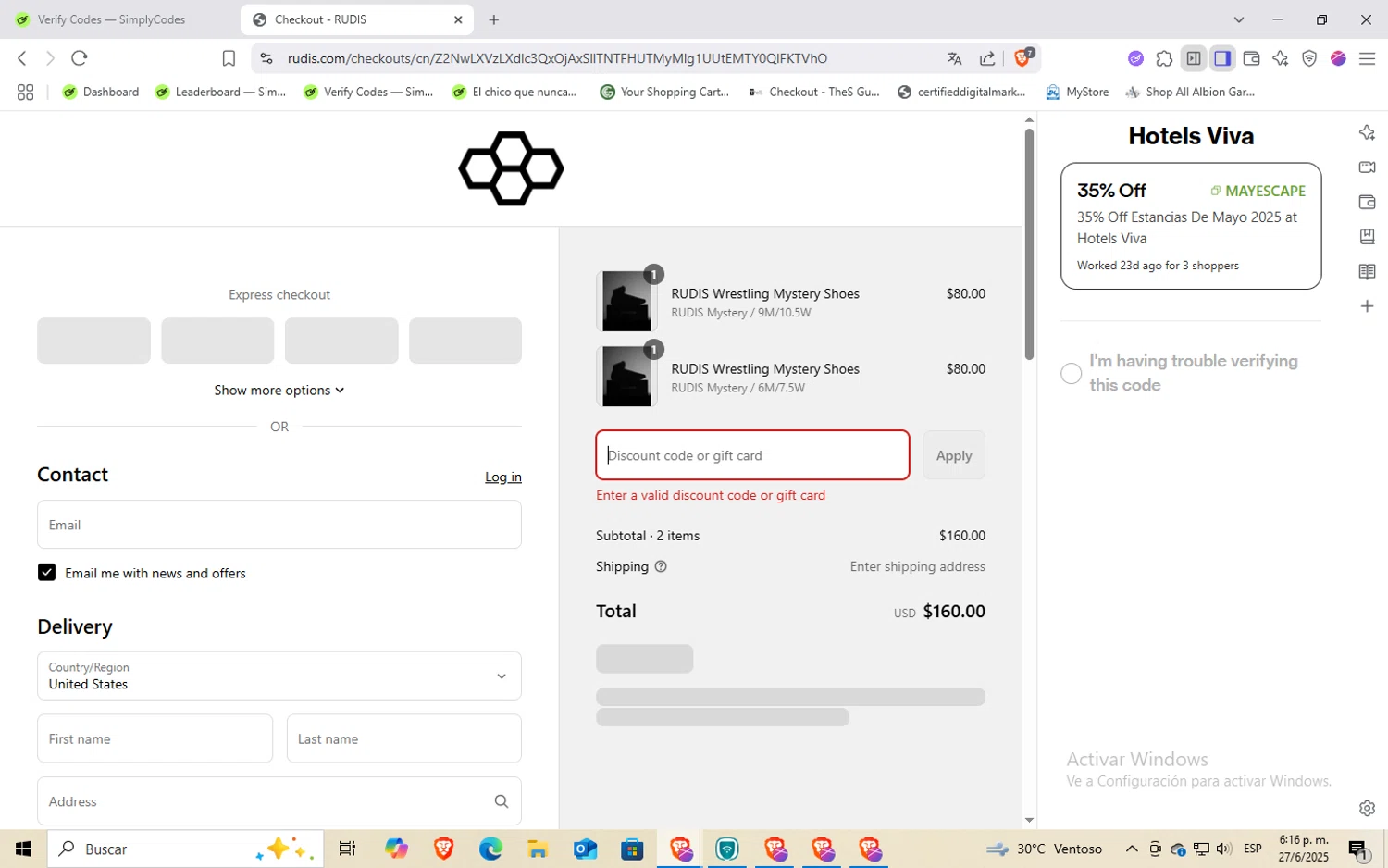 Hotels Viva discount code screenshot showing code MAYESCAPE applied at Hotels Viva checkout page. Uploaded by SimplyCodes community member Rayyyyyy on Jun 27, 2025