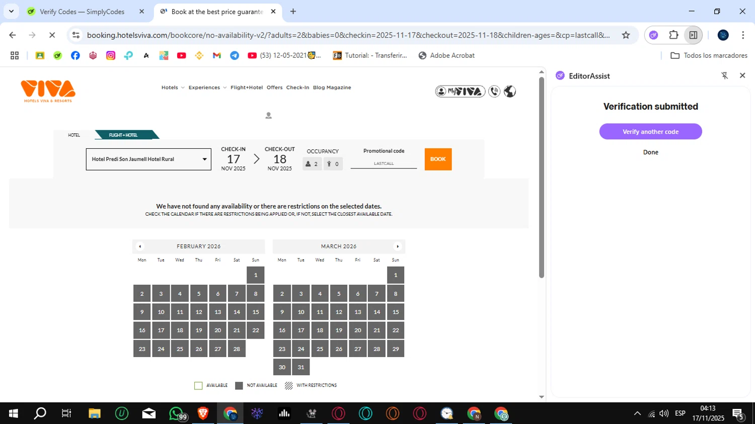 Hotels Viva discount code screenshot showing code lastcall applied at Hotels Viva checkout page. Uploaded by SimplyCodes community member SunJinWoo on Nov 17, 2025