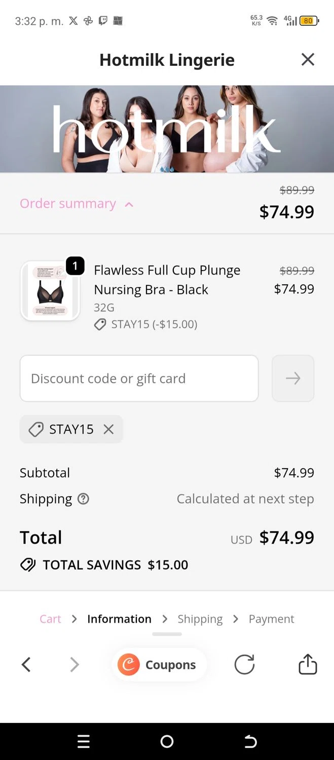 Hotmilk discount code screenshot showing code STAY15 applied at Hotmilk checkout page. Uploaded by SimplyCodes community member chepipi on Dec 21, 2025