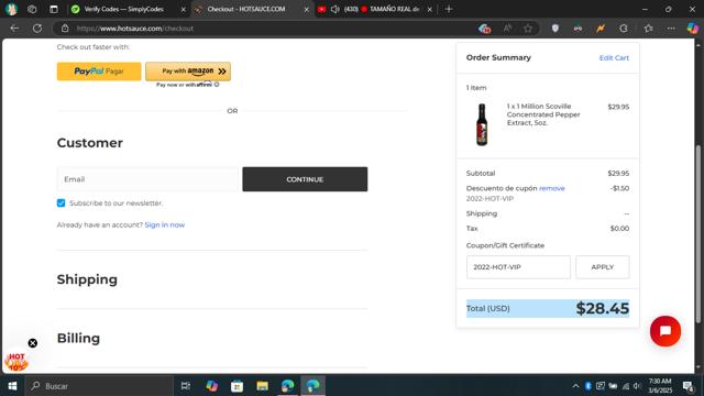 HOTSAUCE.COM checkout page showing HOTSAUCE.COM promo code box | Screenshot taken by SimplyCodes community member on Mar 6, 2025