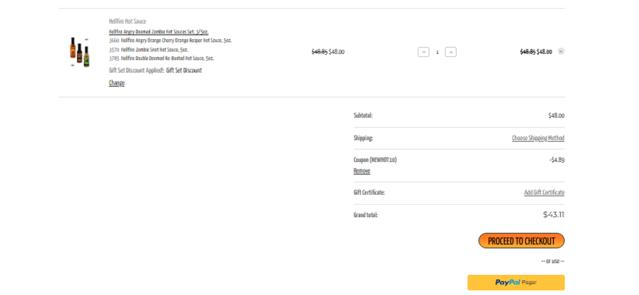 HOTSAUCE.COM checkout page showing HOTSAUCE.COM promo code box | Screenshot taken by SimplyCodes community member on Mar 24, 2025