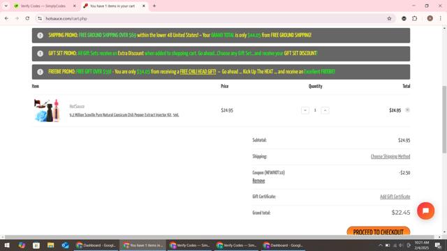 HOTSAUCE.COM checkout page showing HOTSAUCE.COM promo code box | Screenshot taken by SimplyCodes community member on Feb 4, 2025