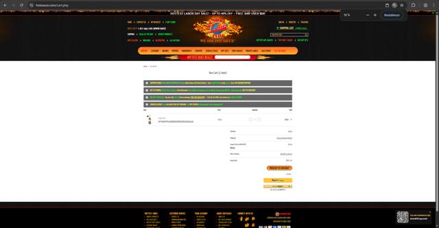 HOTSAUCE.COM checkout page showing HOTSAUCE.COM promo code box | Screenshot taken by SimplyCodes community member on Sep 1, 2025