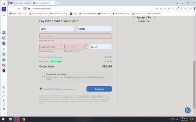 Hotspot Shield checkout page showing Hotspot Shield promo code box | Screenshot taken by SimplyCodes community member on Aug 18, 2023