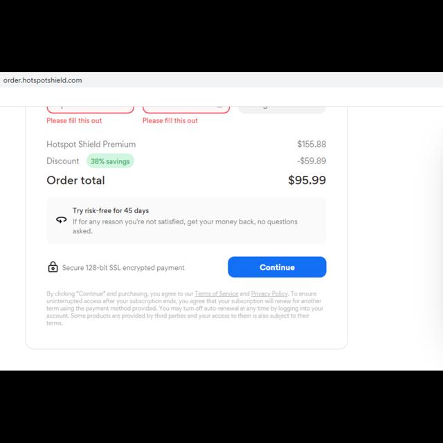 Hotspot Shield checkout page showing Hotspot Shield promo code box | Screenshot taken by SimplyCodes community member on Sep 6, 2023