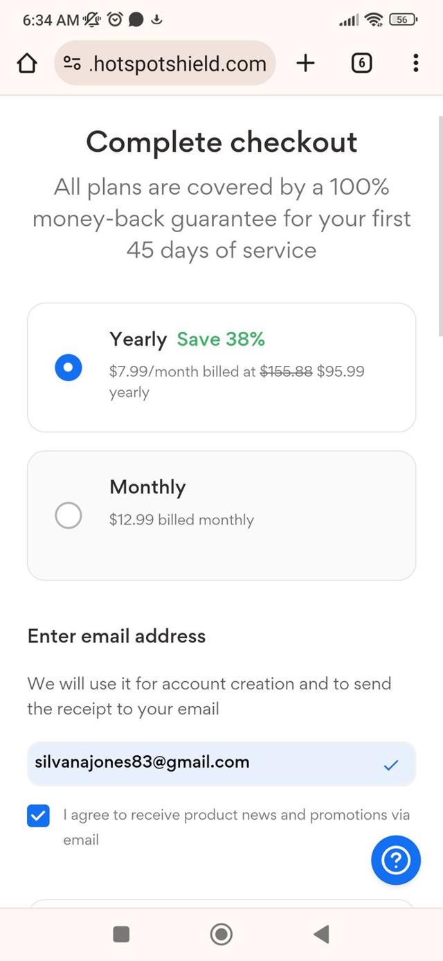 Hotspot Shield checkout page showing Hotspot Shield promo code box | Screenshot taken by SimplyCodes community member on Mar 9, 2024