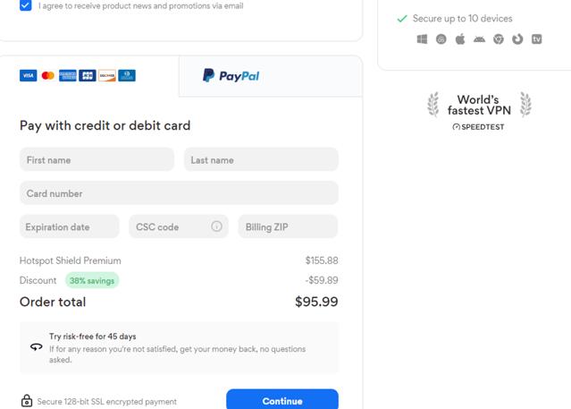 Hotspot Shield checkout page showing Hotspot Shield promo code box | Screenshot taken by SimplyCodes community member on Oct 2, 2023