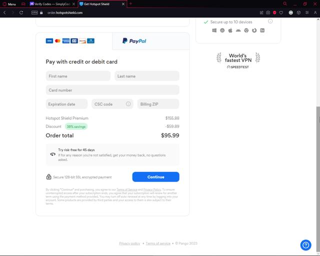 Hotspot Shield checkout page showing Hotspot Shield promo code box | Screenshot taken by SimplyCodes community member on Oct 23, 2023