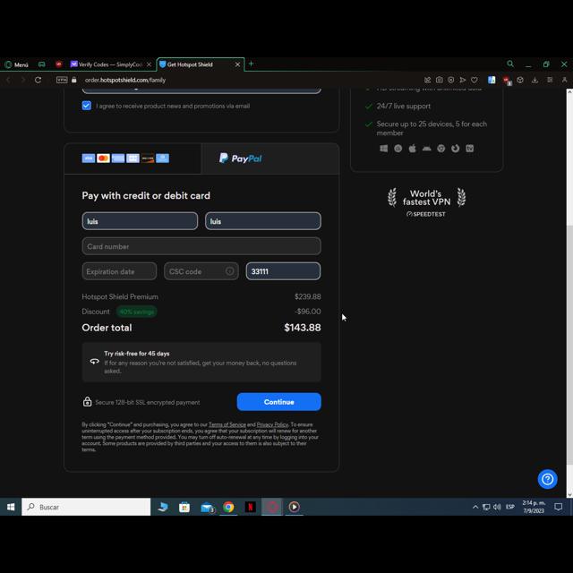 Hotspot Shield checkout page showing Hotspot Shield promo code box | Screenshot taken by SimplyCodes community member on Sep 7, 2023