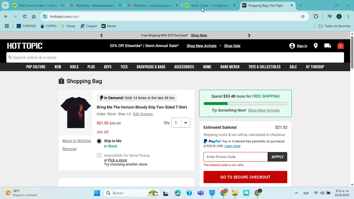 Hot Topic promo code screenshot showing code TEEDEAL applied at Hot Topic checkout page. Uploaded by SimplyCodes community member jorgejavierherrera on Jun 16, 2025
