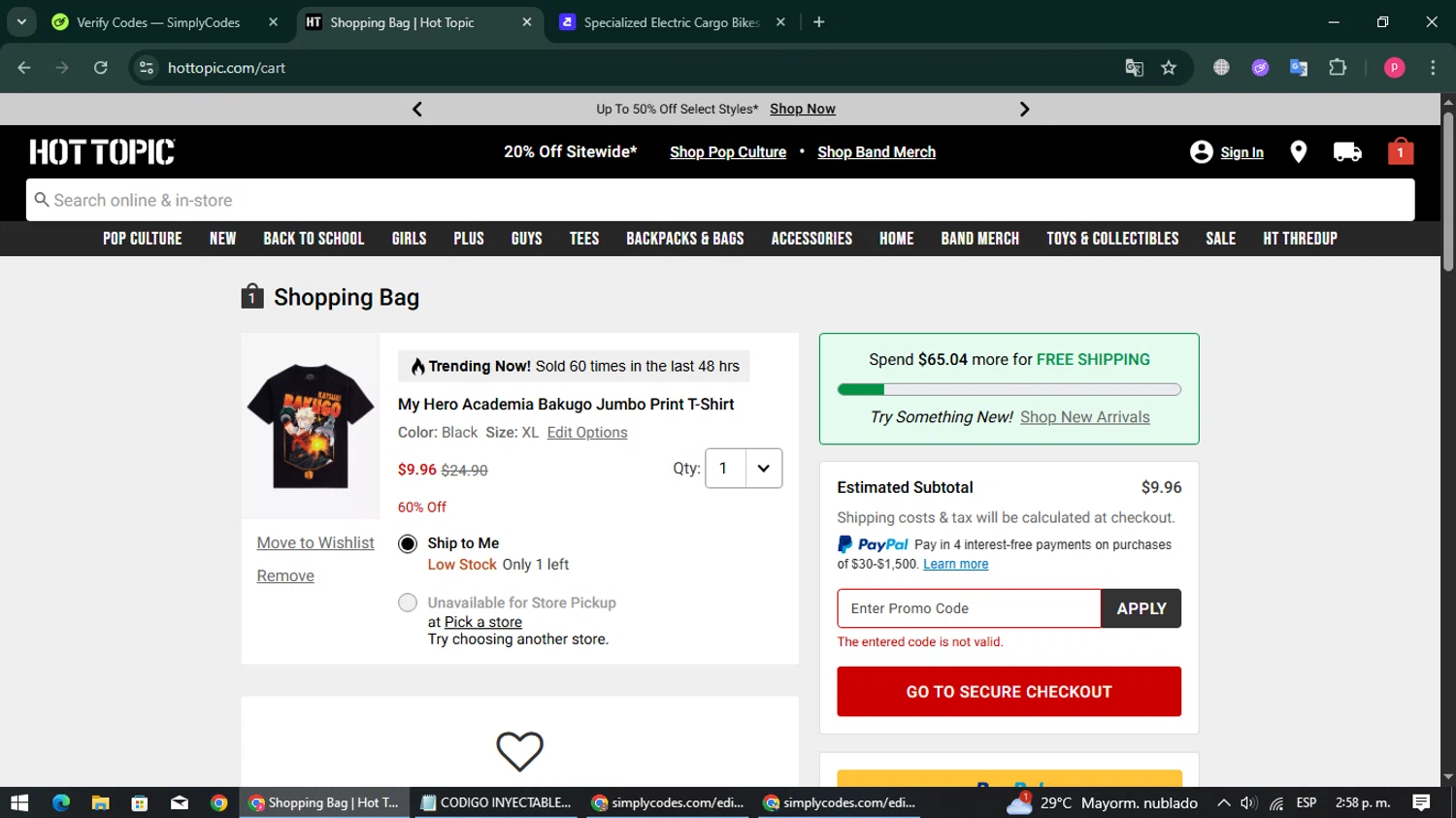 Hot Topic promo code screenshot showing code htextra applied at Hot Topic checkout page. Uploaded by SimplyCodes community member ExtraordinaryBoss3426 on Aug 8, 2025
