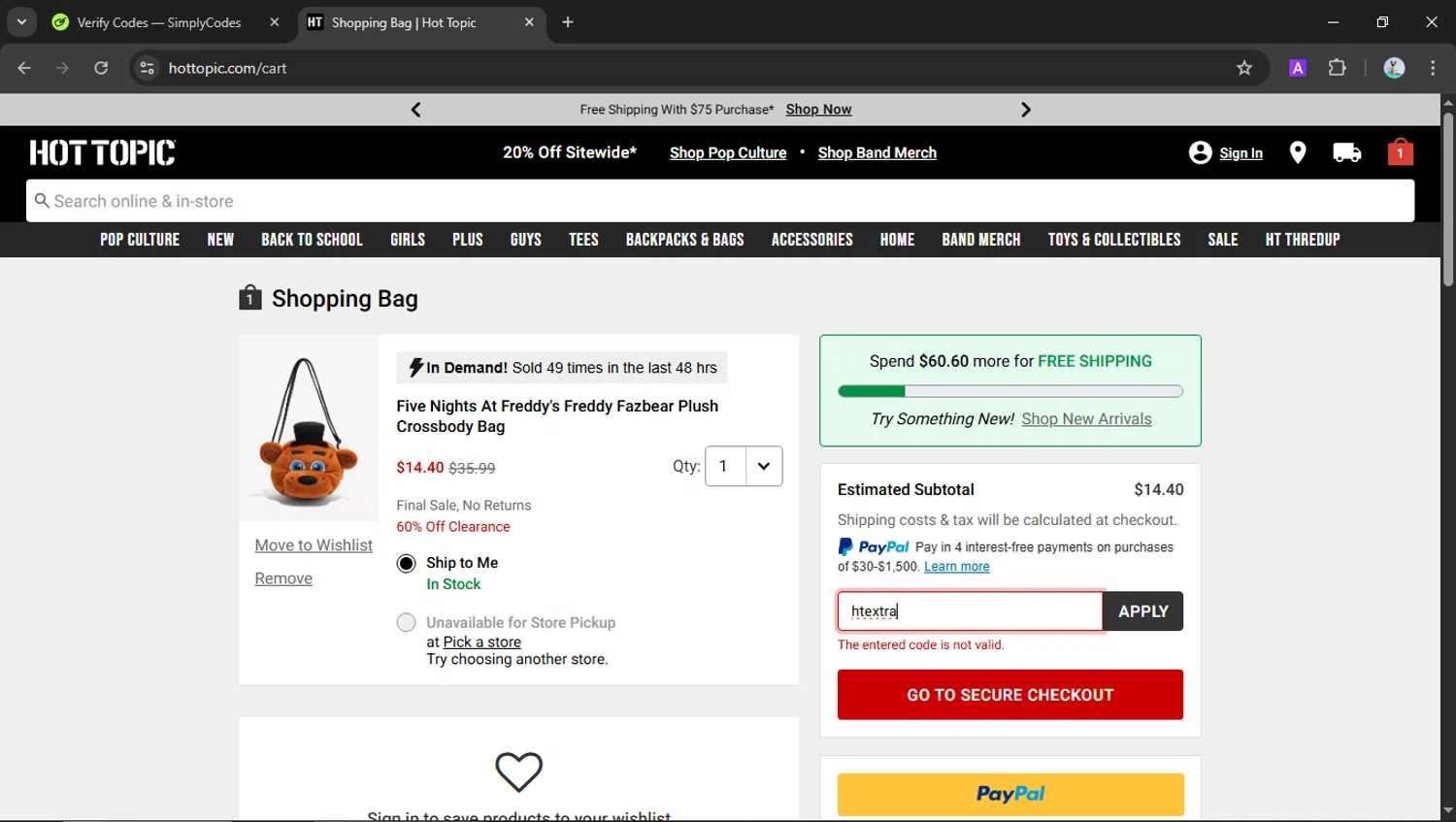 Hot Topic promo code screenshot showing code htextra applied at Hot Topic checkout page. Uploaded by SimplyCodes community member SilverSeeker255 on Aug 8, 2025