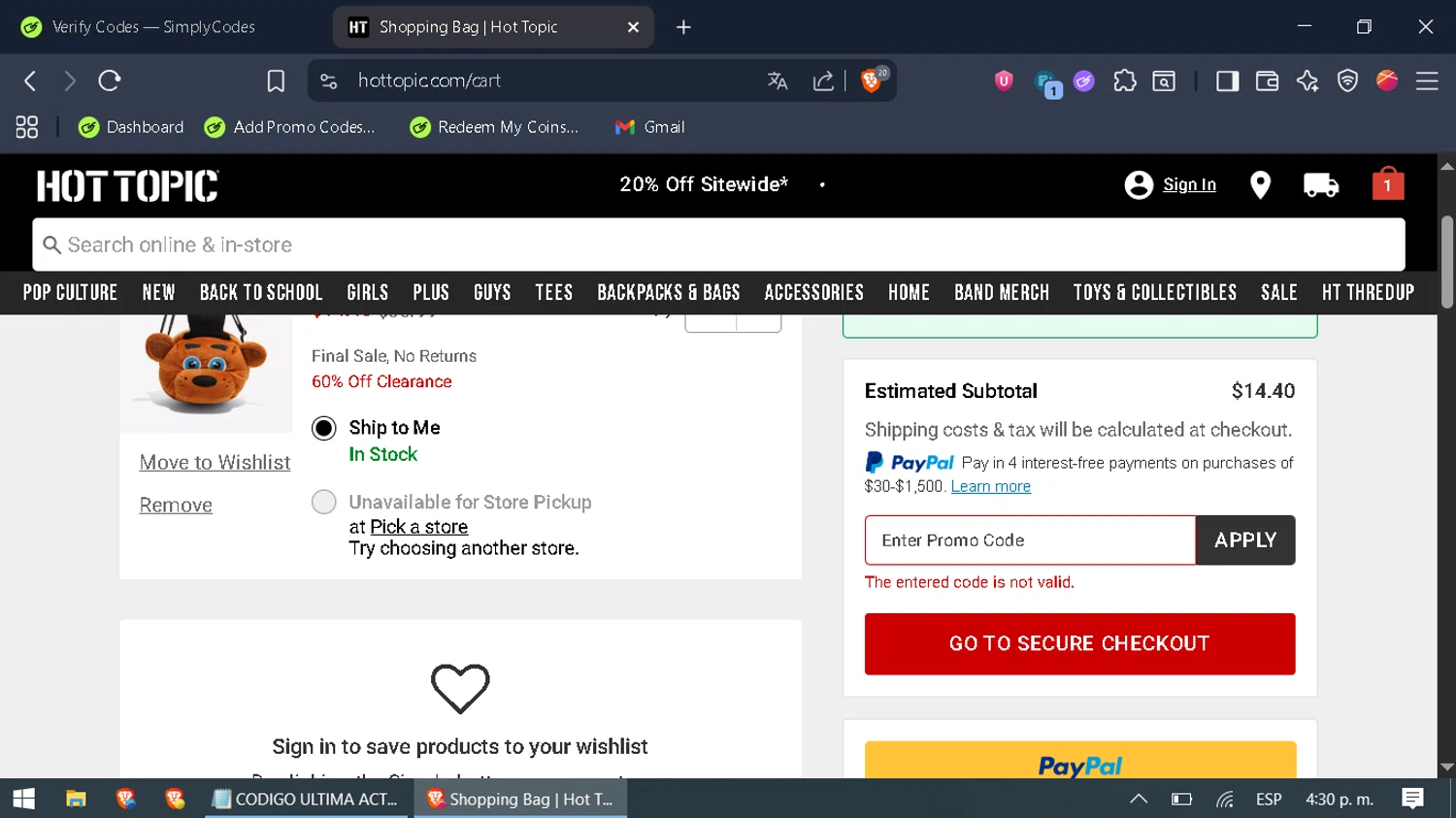 Hot Topic promo code screenshot showing code htextra applied at Hot Topic checkout page. Uploaded by SimplyCodes community member WonderFox6469 on Aug 8, 2025