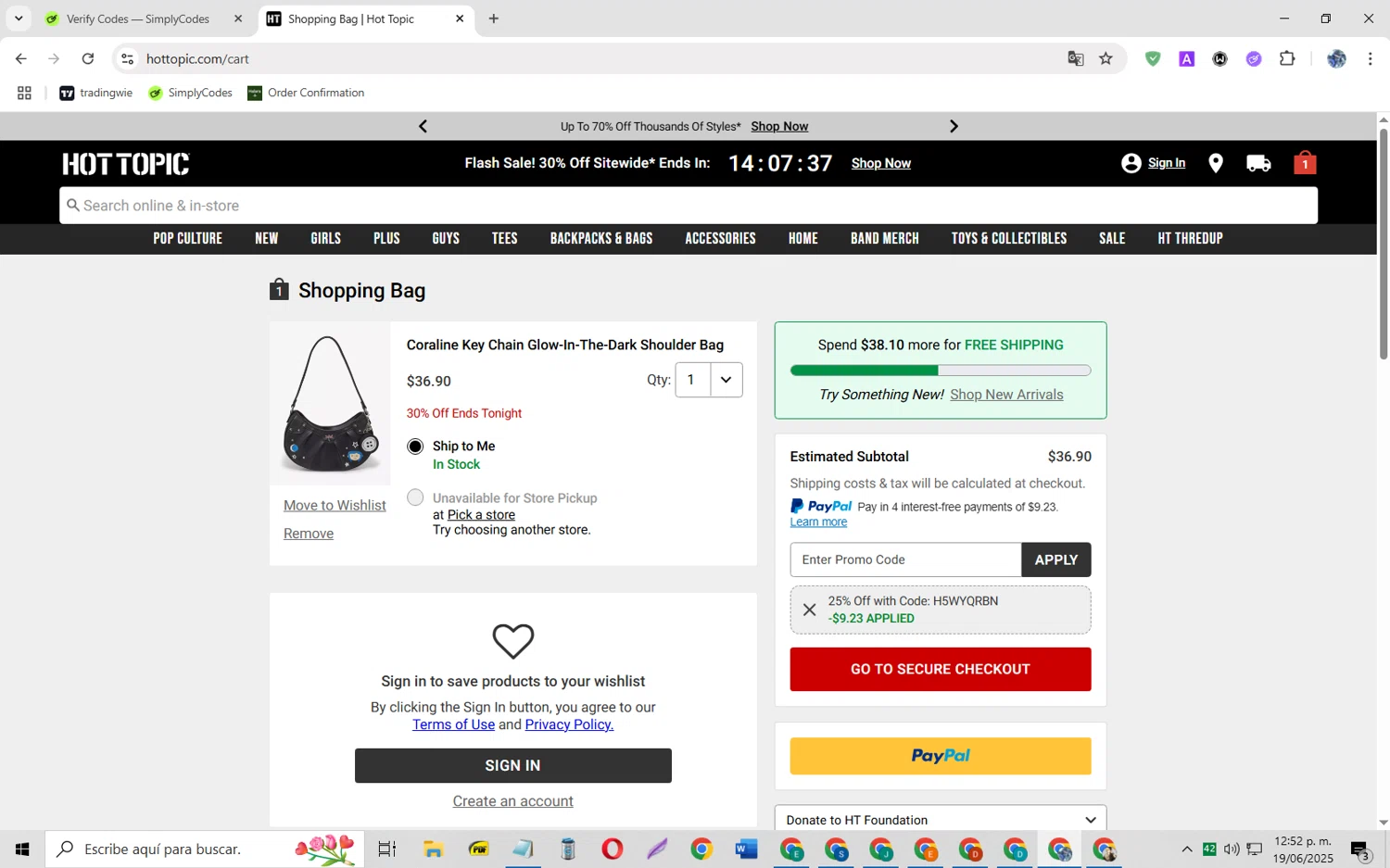 Hot Topic promo code screenshot showing code H5WYQRBN applied at Hot Topic checkout page. Uploaded by SimplyCodes community member JoseH45 on Jun 19, 2025