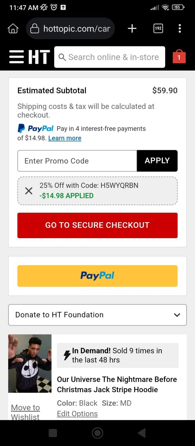 Hot Topic promo code screenshot showing code H5WYQRBN applied at Hot Topic checkout page. Uploaded by SimplyCodes community member User07 on Jul 16, 2025