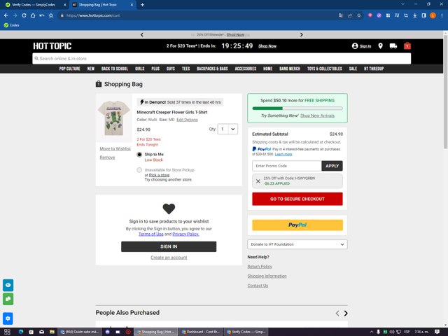 Hot Topic checkout page showing Hot Topic promo code box | Screenshot taken by SimplyCodes community member on Aug 1, 2025
