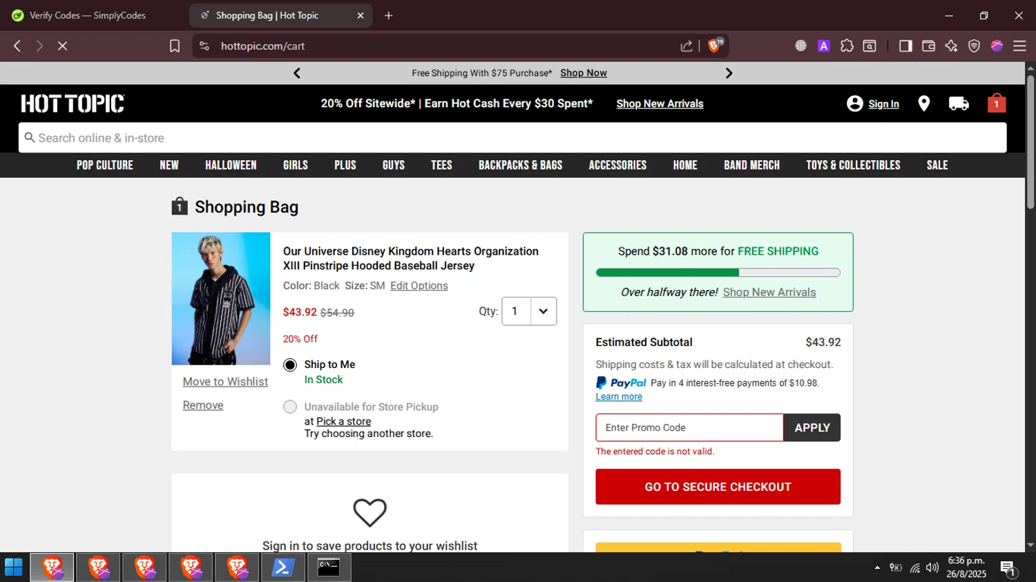 Hot Topic promo code screenshot showing code SCHOOL40 applied at Hot Topic checkout page. Uploaded by SimplyCodes community member FrugalMaverick6013 on Aug 26, 2025