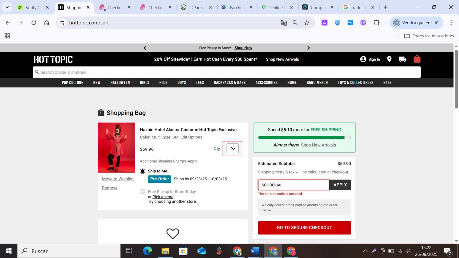 Hot Topic promo code screenshot showing code SCHOOL40 applied at Hot Topic checkout page. Uploaded by SimplyCodes community member MANUELURBINA on Aug 26, 2025